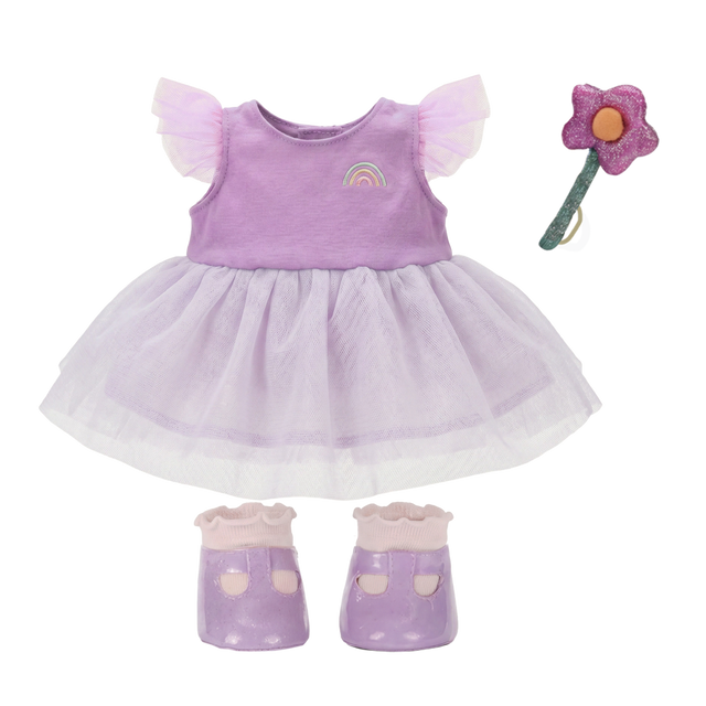 Purple fairy doll outfit set with rainbow dress, tulle skirt, shoes, and flower wand.