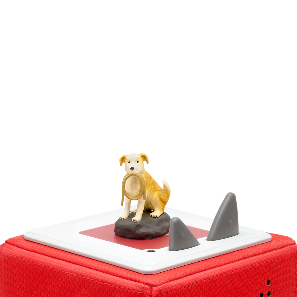 A charming figurine of a sitting golden retriever holding a ring toy, resting on a black stone base in a white background.