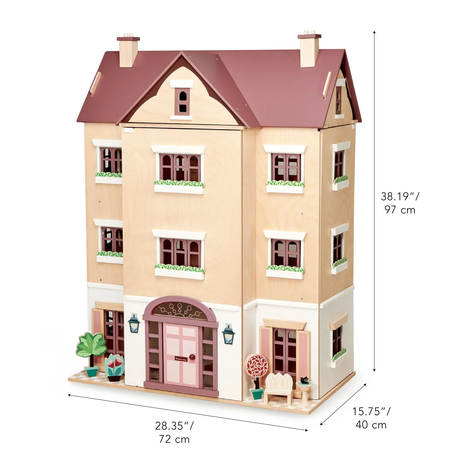 Closed wooden dollhouse showing front exterior facade with product height, width, and depth dimensions.