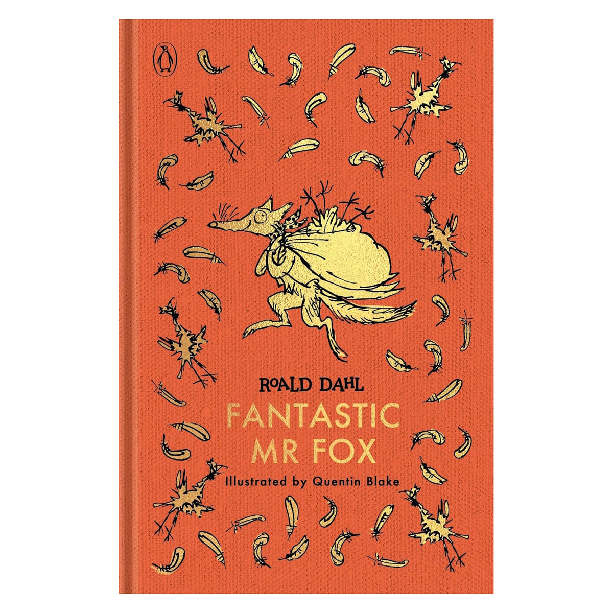 Orange clothbound book cover featuring a gold illustration of a fox carrying a sack amid scattered feathers.