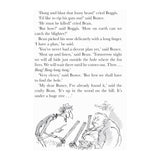 Orange book page with text of Boggis, Bunce, and Bean discussing a plan, and an illustration of the three farmers.