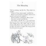 Book page for Chapter 3, "The Shooting," featuring a conversation between Mr. and Mrs. Fox and an illustration of foxes.