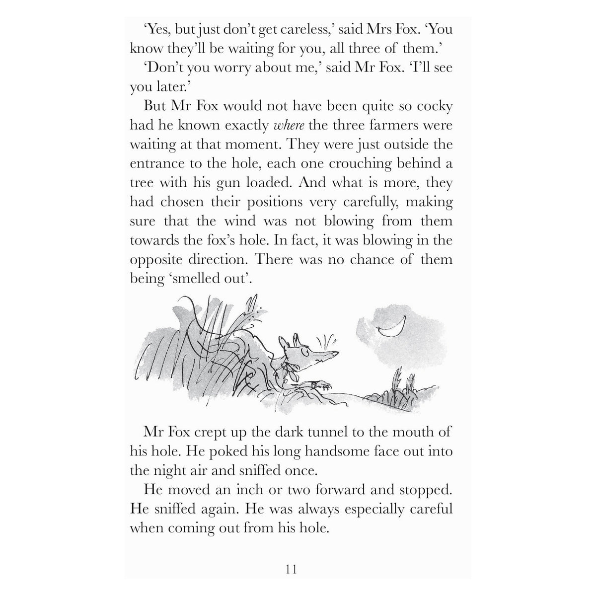 Book page featuring text about Mr. Fox creeping up his tunnel and an illustration of a fox sniffing the night air.