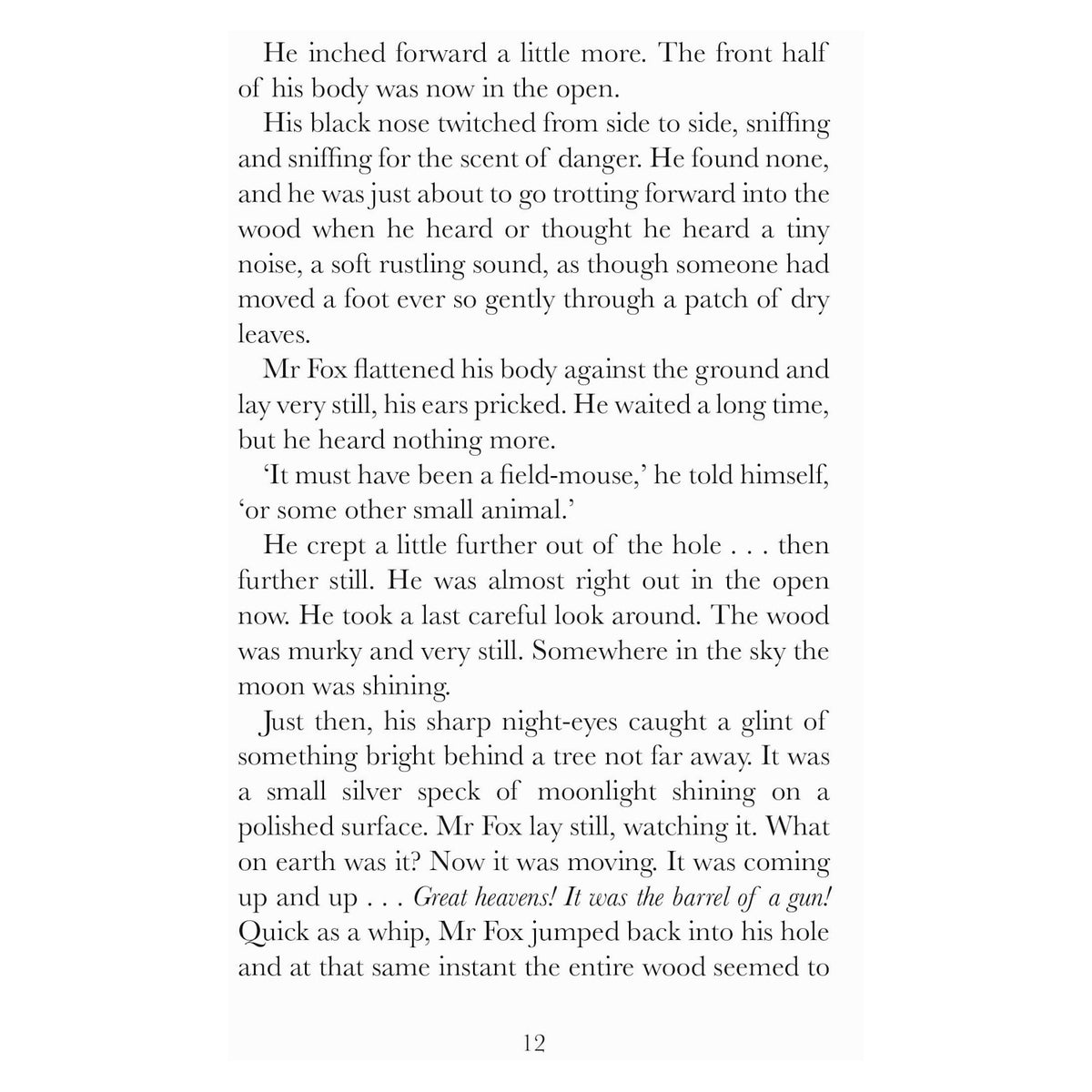 Book page 12 detailing Mr. Fox discovering a gun barrel in the woods.