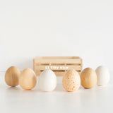 Six toy eggs lined up in front of a small wooden crate on a white background.