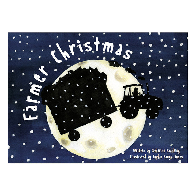 Silhouette of a tractor pulling a trailer over a large moon, with snow falling against a dark sky. "Farmer Christmas" is written across the top.