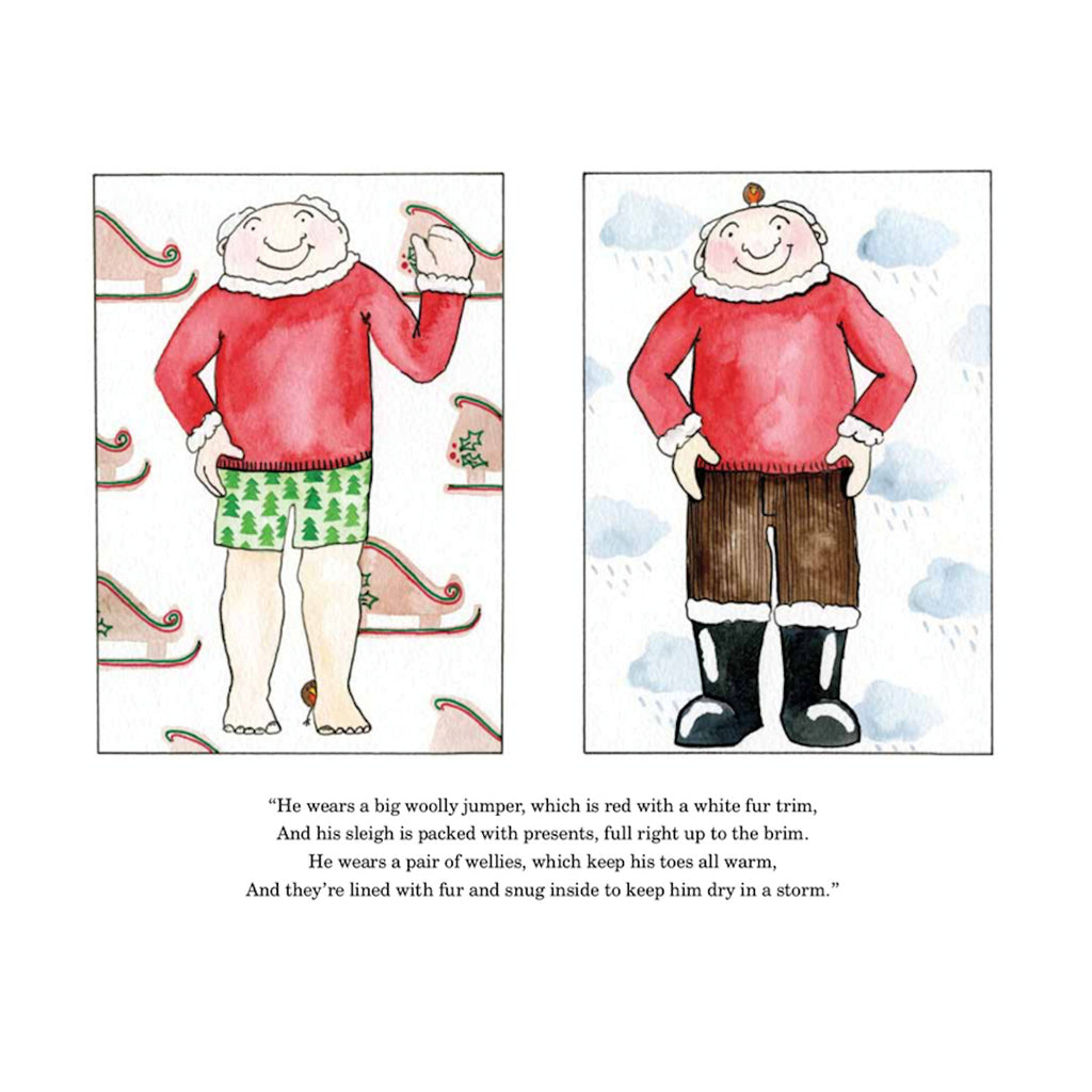 Illustration of a smiling man in two panels: left, he wears a red sweater and green shorts, right, red sweater, brown pants, and black boots. Playful tone.