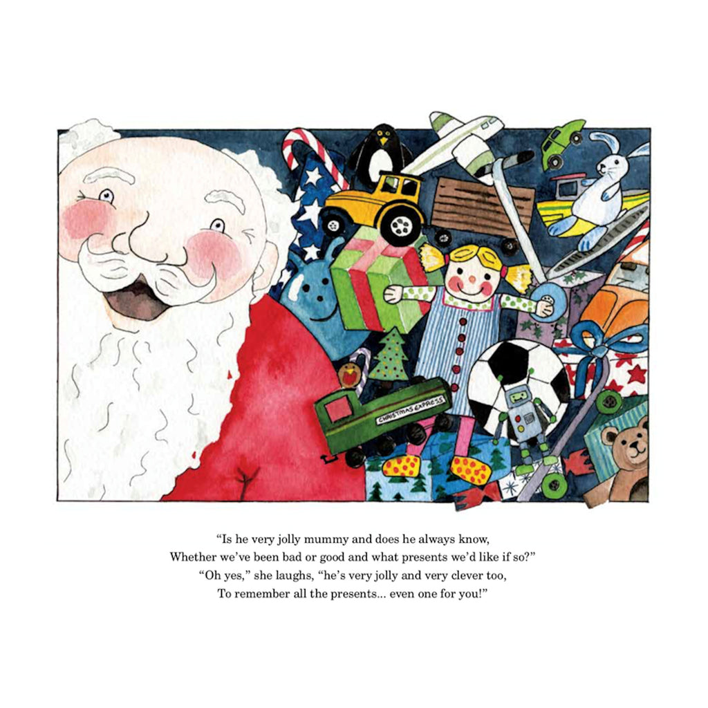 Illustration of a smiling Santa with rosy cheeks on the left, surrounded by colorful toys like a doll, toy truck, teddy bear, and gift box, conveying a festive and joyful Christmas atmosphere.