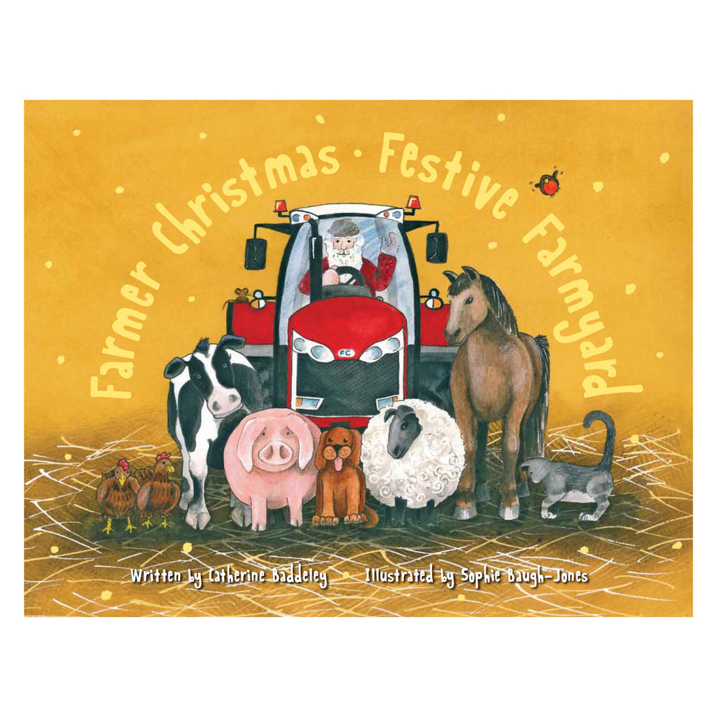 Santa drives a red tractor surrounded by a cow, pig, sheep, horse, cat, dog, and chickens on a golden farmyard background. Festive and cheerful.