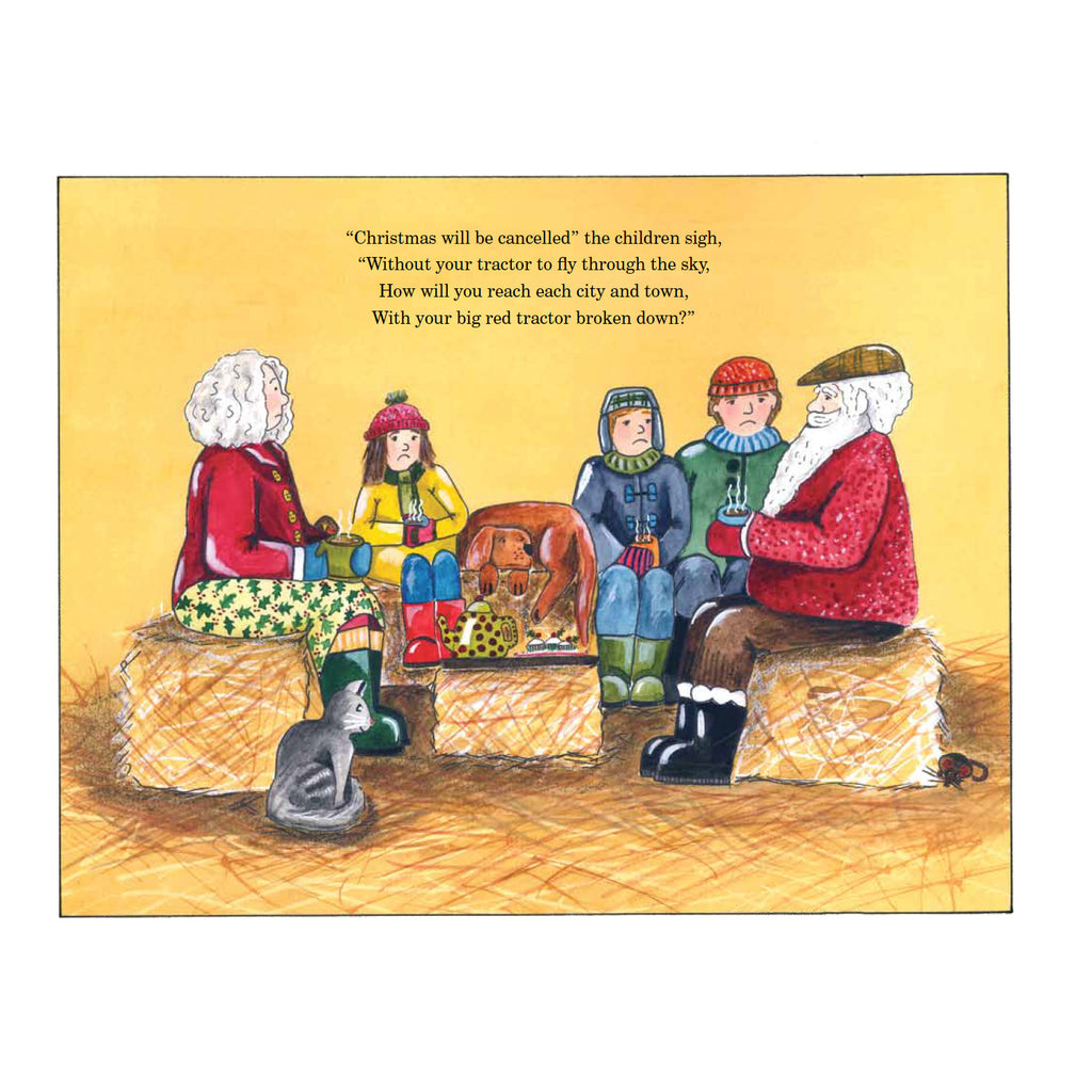 A scene with Santa and four children sitting on hay bales, holding mugs. A dog rests nearby. The text expresses concern about Christmas being canceled.
