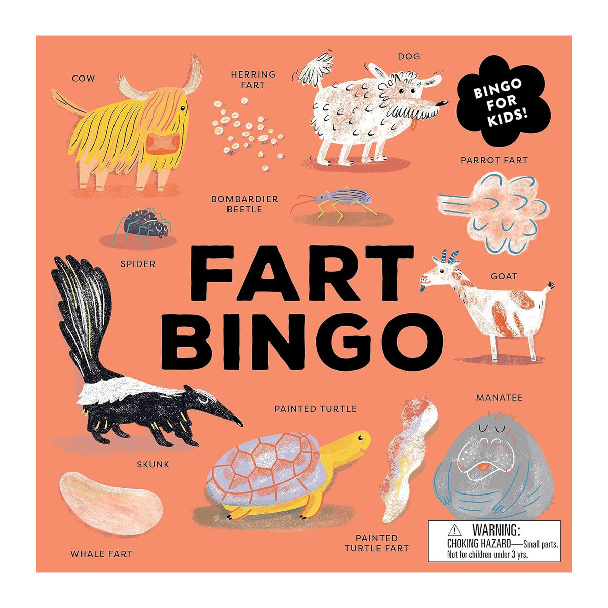 Orange game box with title "Fart Bingo" featuring playful illustrations of various animals and their corresponding farts. Labeled as "Bingo for Kids!"
