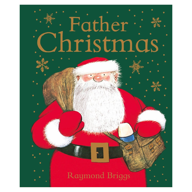 Santa Claus in a red suit and white beard carries a sack and satchel on a green background with gold snowflakes. The text reads "Father Christmas."