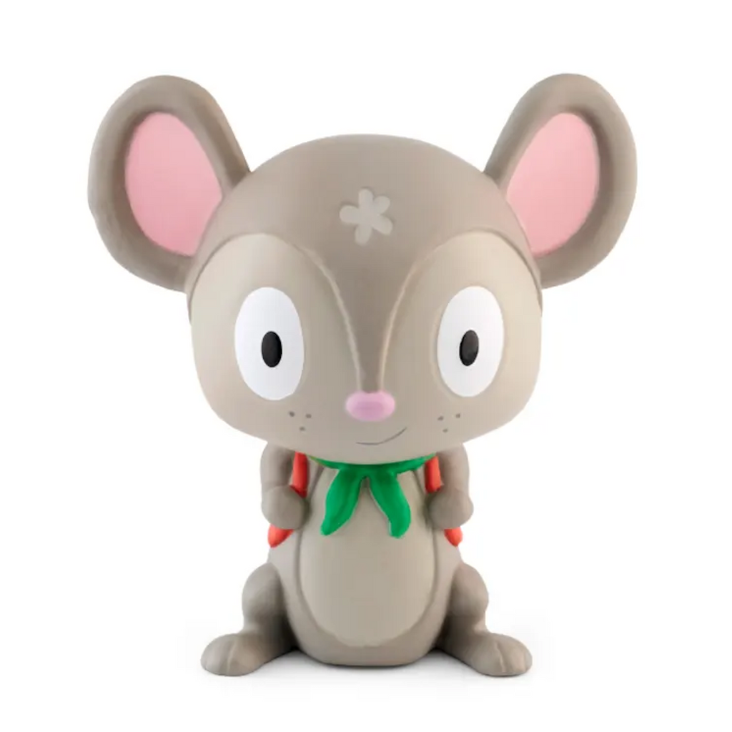 A cute gray mouse figurine with large eyes and pink ears, wearing a green scarf and red backpack, sitting cheerfully.
