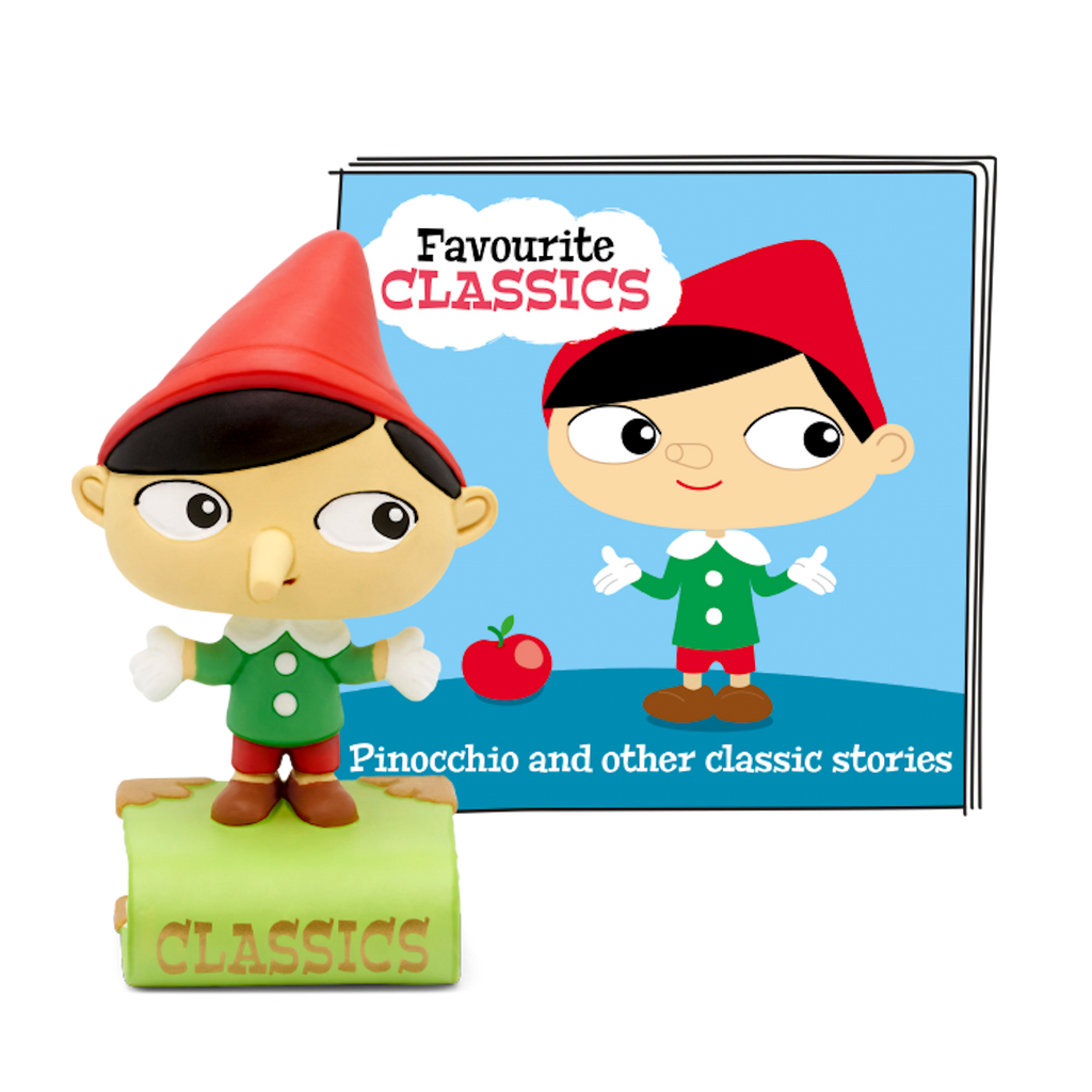 A colorful figurine of a cartoon character with a red hat, green outfit, and oversized nose, standing on a book labeled "CLASSICS" audiobook.
