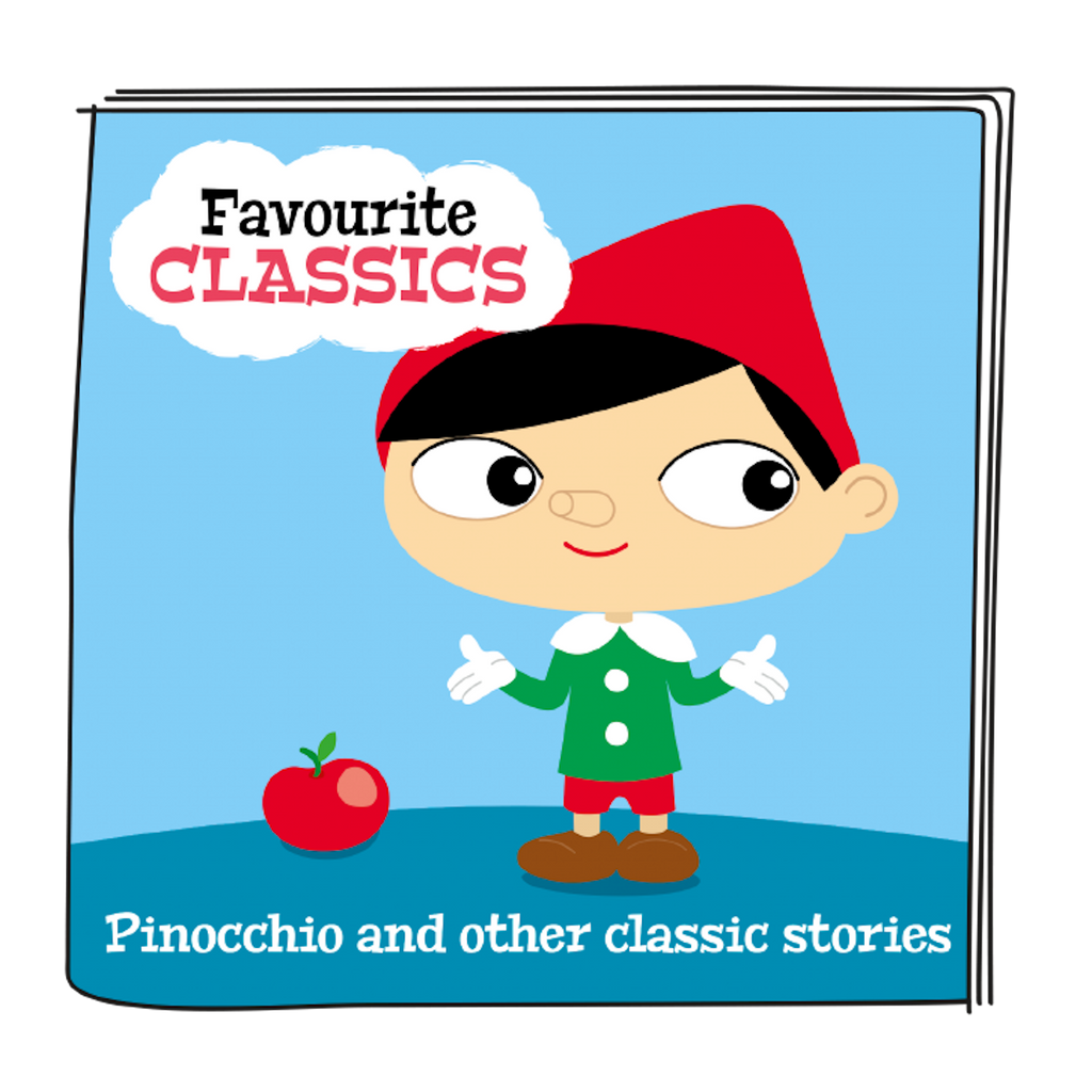 A colorful figurine of a cartoon character with a red hat, green outfit, and oversized nose, standing on a book labeled "CLASSICS" audiobook.