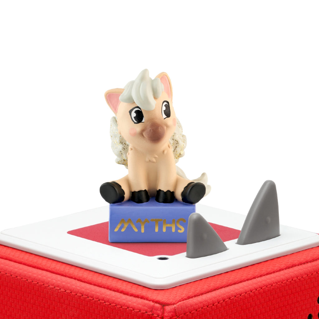 A cute mythical creature with wings, sitting on a blue book labeled "MYTHS" audiobook.