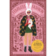A whimsical fashion doll illustration features a person in a rabbit hat, sunglasses, and a leopard-print coat, holding a white dog. The pink background has playful patterns.