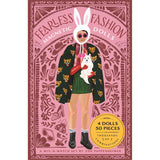 A whimsical fashion doll illustration features a person in a rabbit hat, sunglasses, and a leopard-print coat, holding a white dog. The pink background has playful patterns.