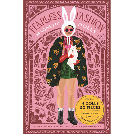 A whimsical fashion doll illustration features a person in a rabbit hat, sunglasses, and a leopard-print coat, holding a white dog. The pink background has playful patterns.