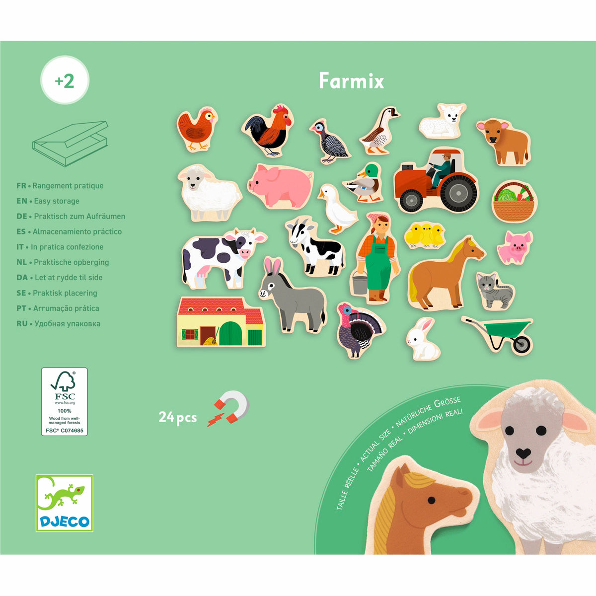 Djeco Farmix: 24-piece wooden magnetic farm animal set for kids featuring a tractor, barn, and farm animals.