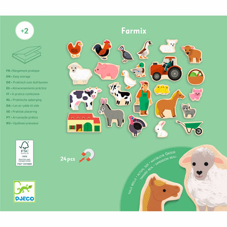 Djeco Farmix: 24-piece wooden magnetic farm animal set for kids featuring a tractor, barn, and farm animals.