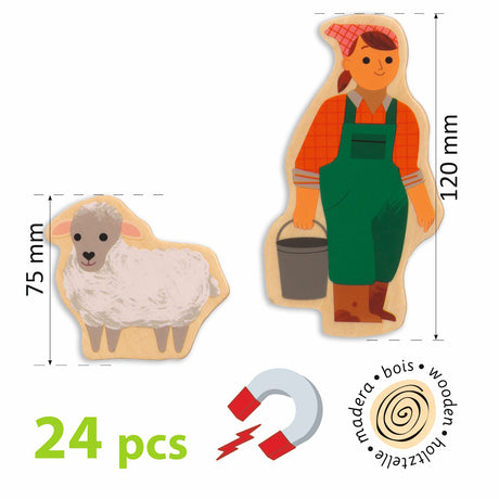 Wooden farm animal magnets: 24-piece educational toy set with illustrated farmer and sheep figures.