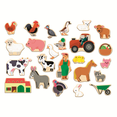 Set of wooden farm animal magnets for kids featuring a cow, horse, tractor, and farmer on a white background.