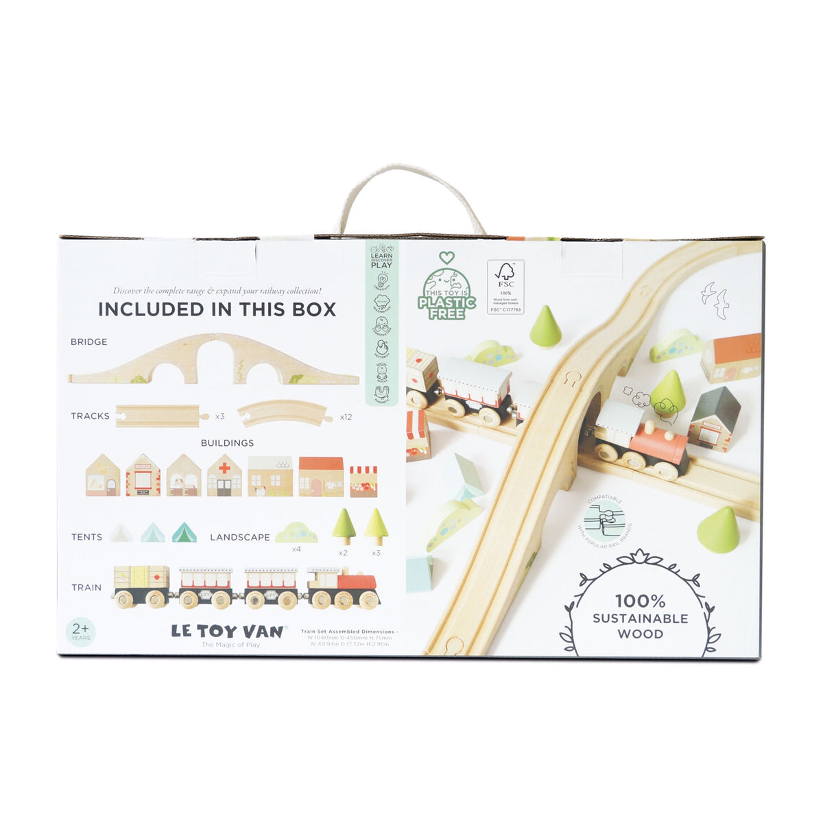 Packaging box for a wooden train set displaying included contents and product details.