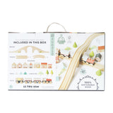 Packaging box for a wooden train set displaying included contents and product details.