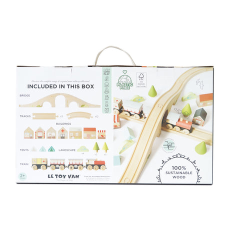 Packaging box for a wooden train set displaying included contents and product details.