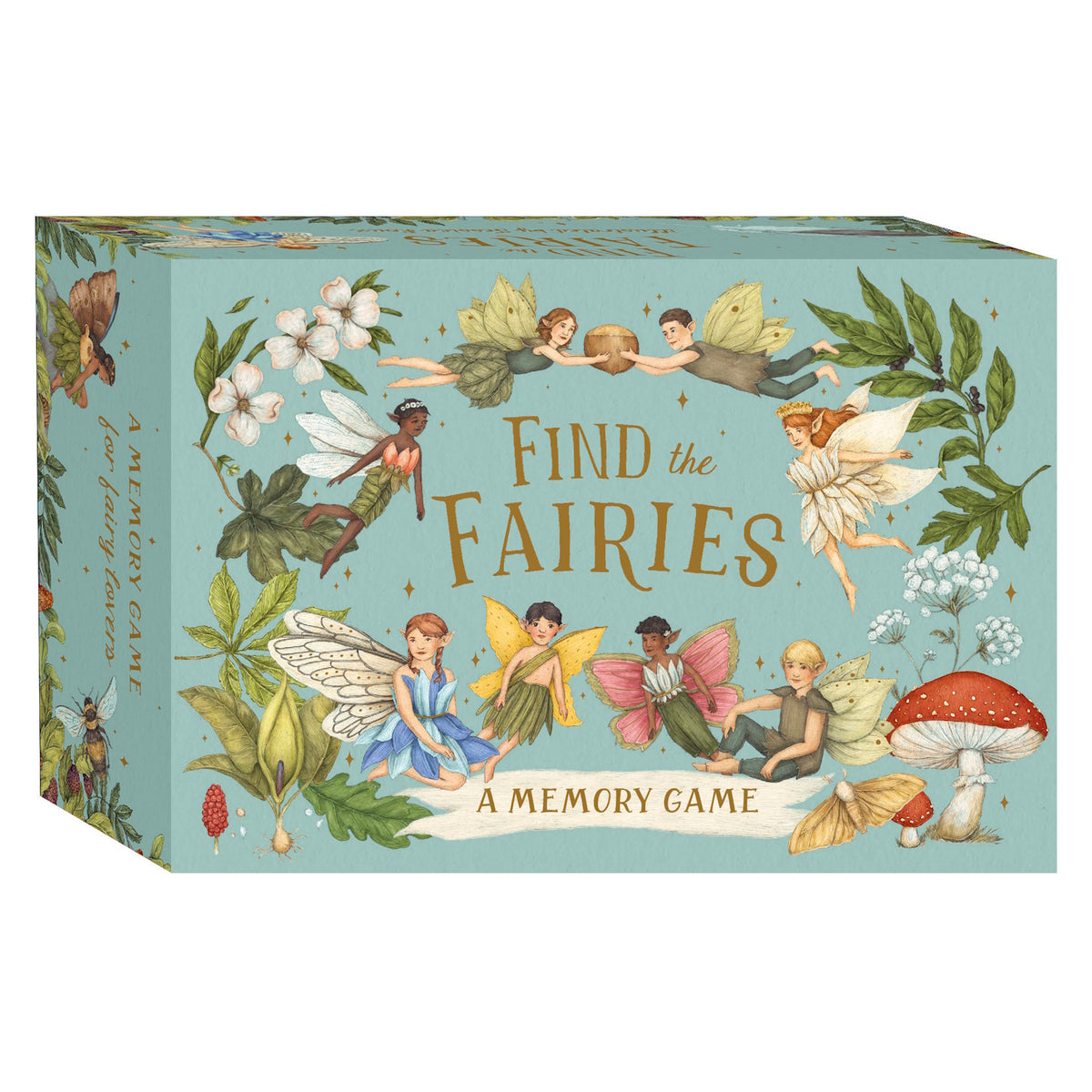 Box packaging for "Find the Fairies: A Memory Game" featuring illustrated fairies, flowers, and a red mushroom.