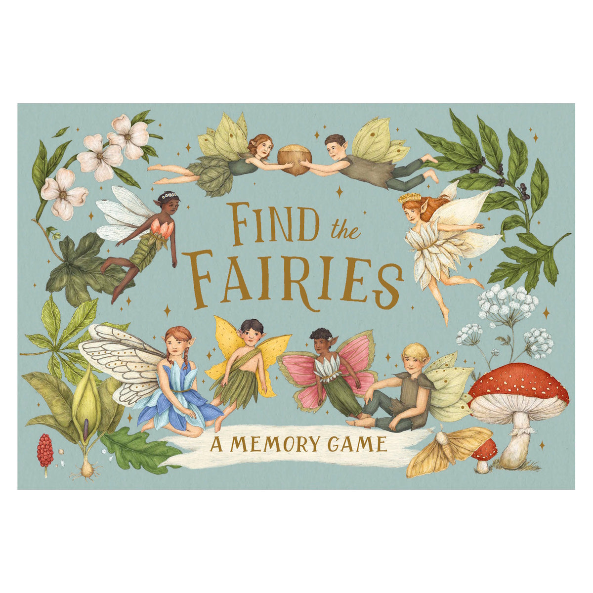Box cover for "Find the Fairies: A Memory Game" with illustrated fairies, flowers, and a red mushroom.
