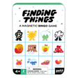 Colorful "Finding Things" magnetic bingo game cover by Petit Collage, featuring quirky cartoon creatures in a grid. Includes a warning for small parts.