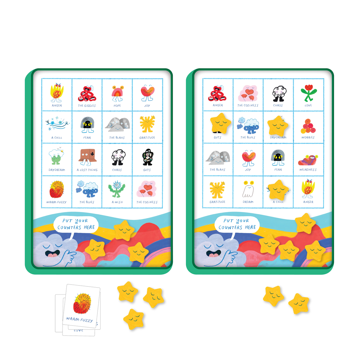 Two colorful game boards with grids display whimsical illustrations and emotions like joy and chaos. Yellow star counters and emotion cards lie below, creating a playful, engaging atmosphere.