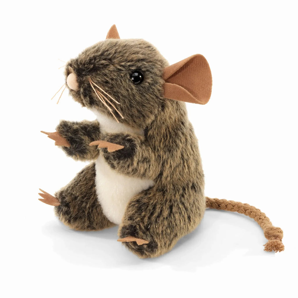A lifelike plush mouse with soft brown fur, large ears, and a creamy white belly. It sits upright with a braided tail, evoking a cute and friendly vibe.