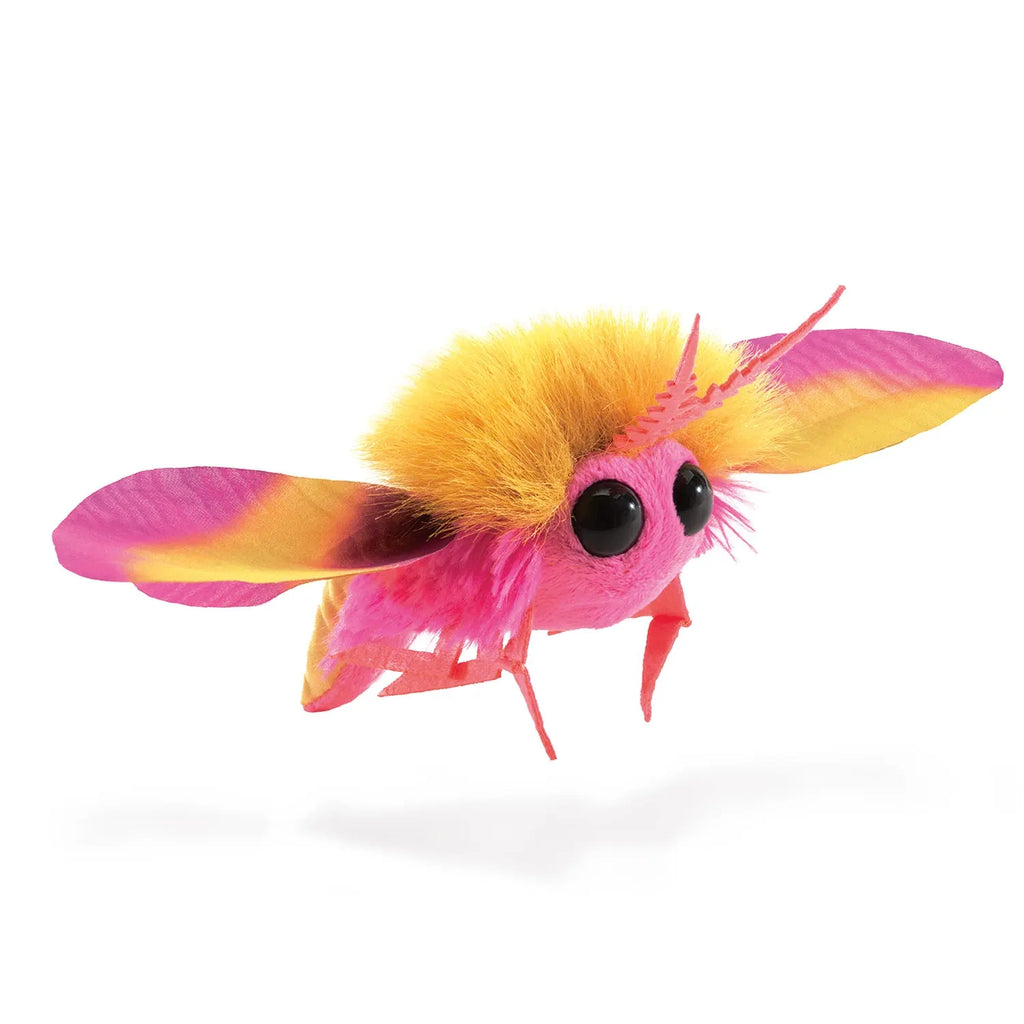 Brightly colored plush toy of a moth, featuring pink and yellow hues. The toy has large black eyes and fluffy texture, conveying a cheerful tone.