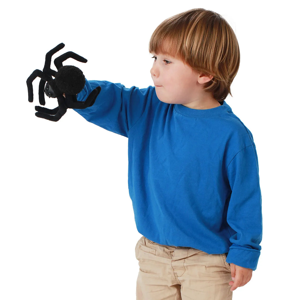 A young child in a blue shirt holds a black toy spider on their hand, looking at it with curiosity. The background is plain white, emphasizing the subject.