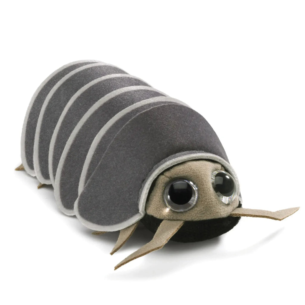 A cute, plush pill bug toy with large, shiny black eyes and soft, segmented gray body. It has an endearing, cartoonish look, conveying a playful tone.