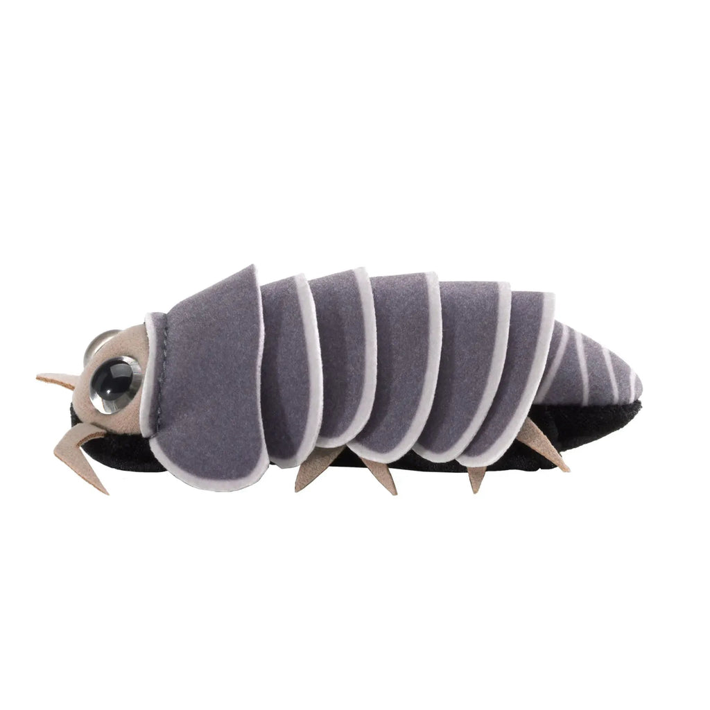 A cute, plush pill bug toy with large, shiny black eyes and soft, segmented gray body. It has an endearing, cartoonish look, conveying a playful tone.