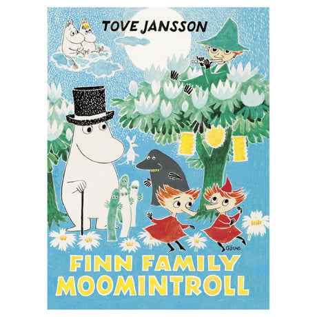 Finn Family Moomintroll vintage book cover, featuring Tove Jansson's art with Moomin characters in a flower field.