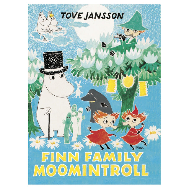 Finn Family Moomintroll vintage book cover, featuring Tove Jansson's art with Moomin characters in a flower field.