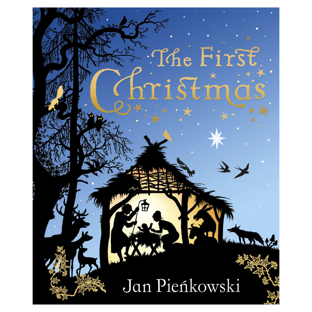 Silhouette of nativity scene under starry sky. Animals and trees surround, golden stars and script reading "The First Christmas" by Jan Pieńkowski.
