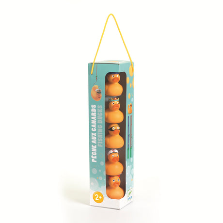 Djeco Peche Aux Canards Fishing Ducks bath toy packaging showing 5 stacked character rubber ducks for ages 2 plus.