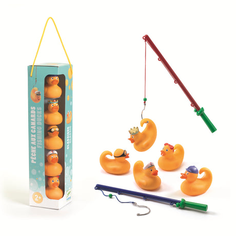 Djeco Classic Fishing Ducks bath toy set with packaging showing 5 character rubber ducks and 2 fishing rods.