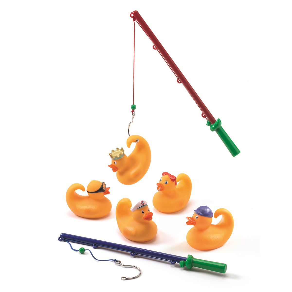 Djeco fishing ducks bath toy set with 5 character rubber ducks and two fishing rods for kids bathtime fun.