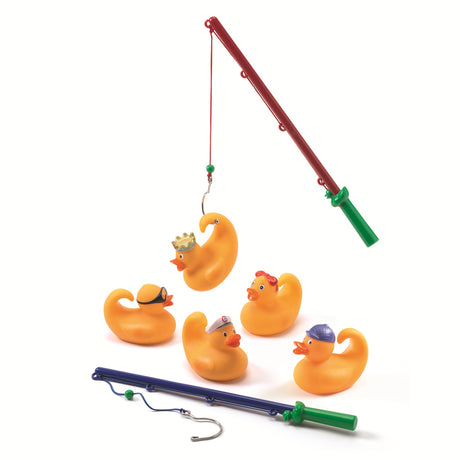 Djeco fishing ducks bath toy set with 5 character rubber ducks and two fishing rods for kids bathtime fun.
