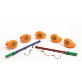 Kids fishing ducks bath toy set with numbered orange rubber ducks and two fishing rods in blue and red.