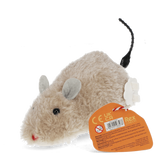 Fluffy plush wind-up mouse toy with an attached orange product tag showing branding and barcodes.