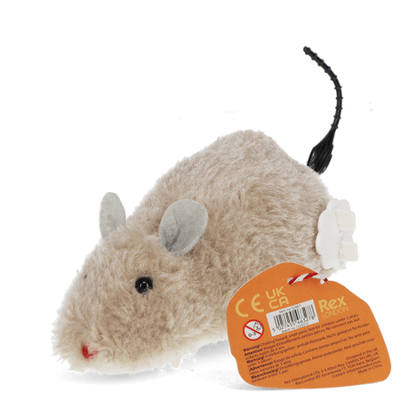 Fluffy plush wind-up mouse toy with an attached orange product tag showing branding and barcodes.