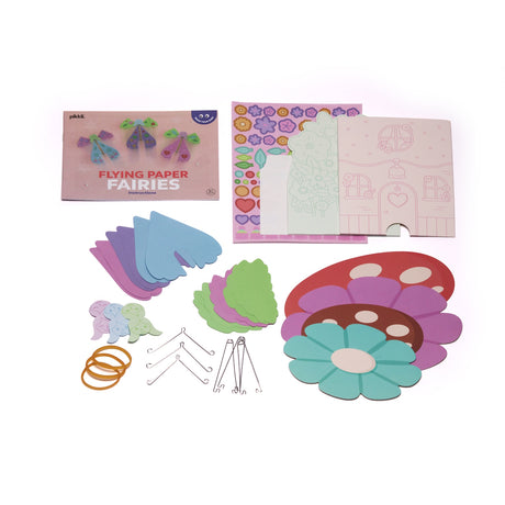 Make Your Own Flying Paper Fairies kit contents including instructions, paper shapes, and wires.